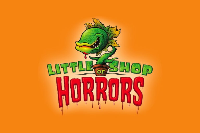 Little Shop of Horrors logo with carnivorous plant character on orange background - musical theater poster design