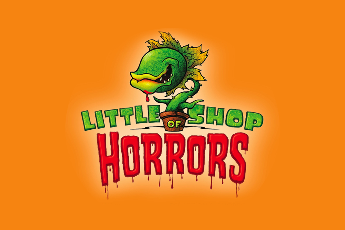 Little Shop of Horrors logo with carnivorous plant character on orange background - musical theater poster design