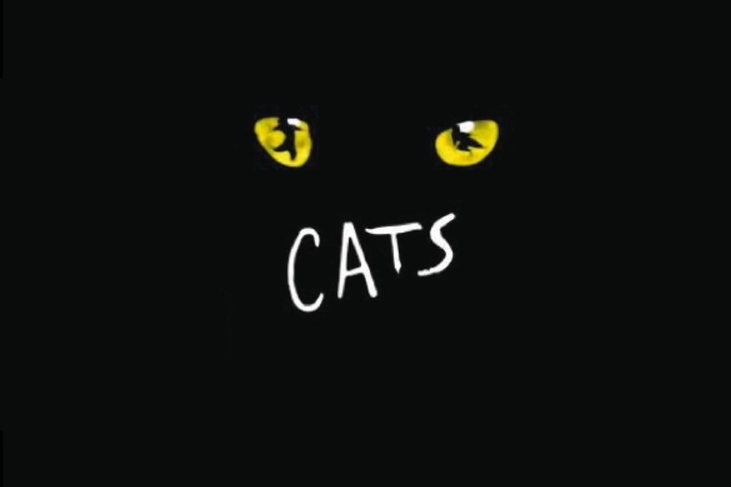Cats musical logo with glowing yellow cat eyes on black background - iconic Broadway show poster design