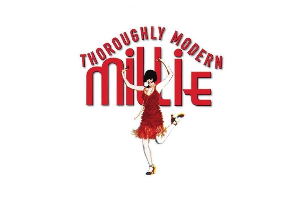 Thoroughly Modern Millie musical logo with dancing flapper girl in red dress and feathered headband on white background