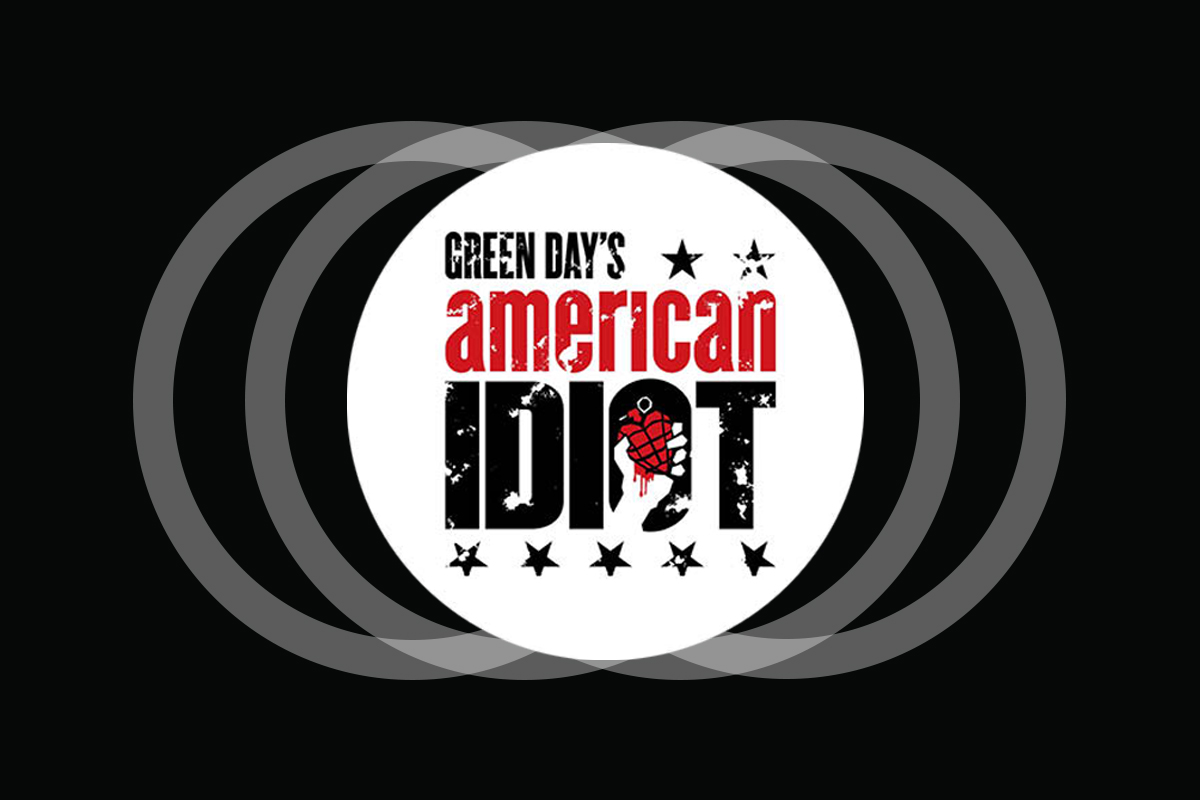 Green Day's American Idiot album logo with red text and black lettering surrounded by gray concentric circles on black background