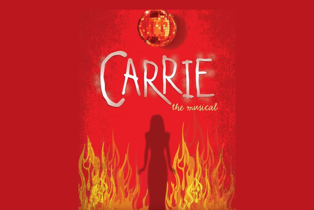 Carrie the Musical poster featuring red background, disco ball, silhouette of girl, flames, and white title text