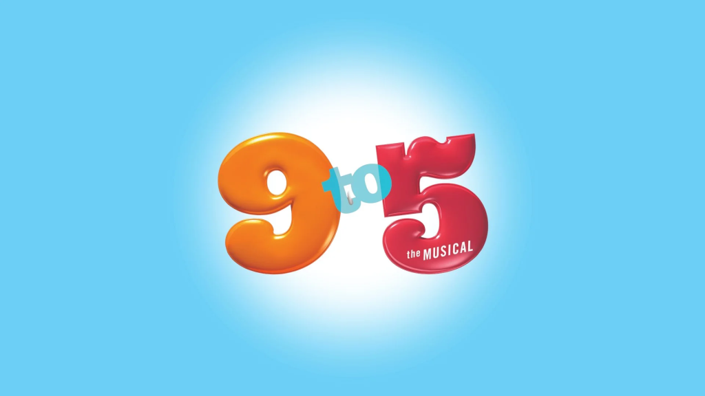 9 to 5 the Musical logo with colorful 3D numbers on bright blue gradient background