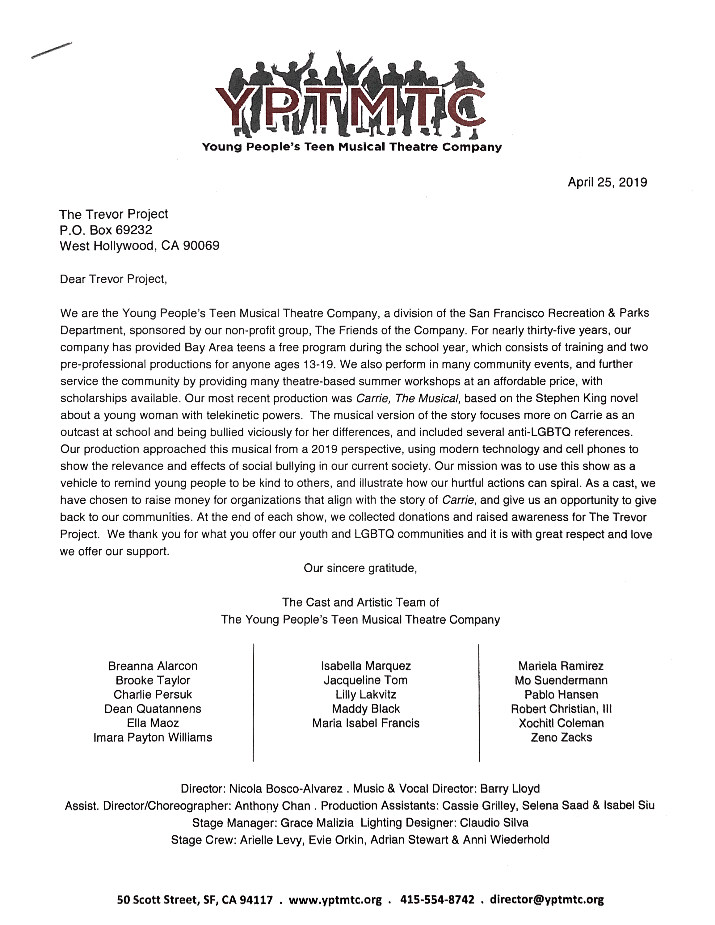 Letter from Young People's Teen Musical Theatre Company thanking The Trevor Project for supporting LGBTQ youth