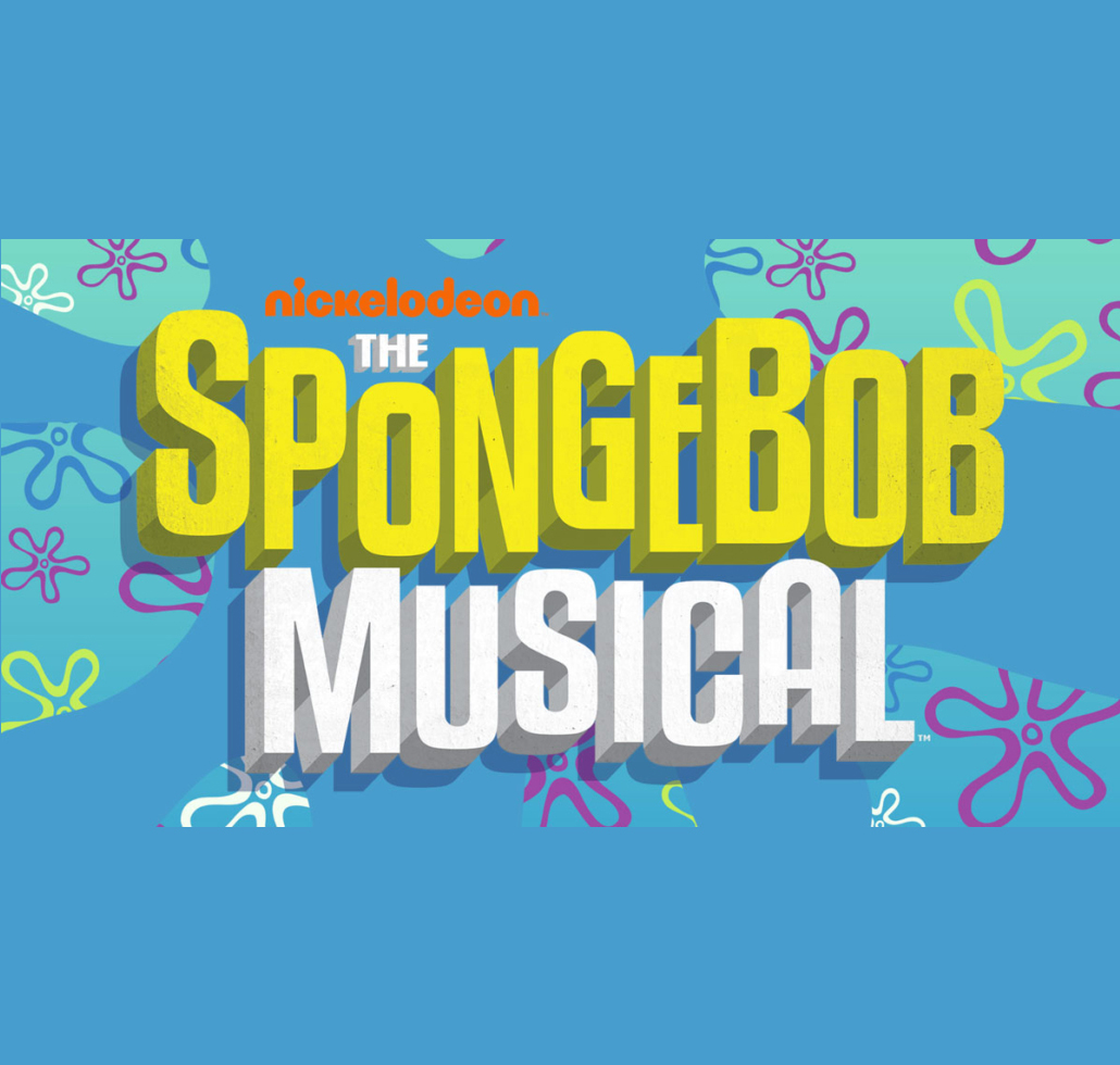 The SpongeBob Musical logo on blue background with colorful jellyfish and underwater-themed decorative elements