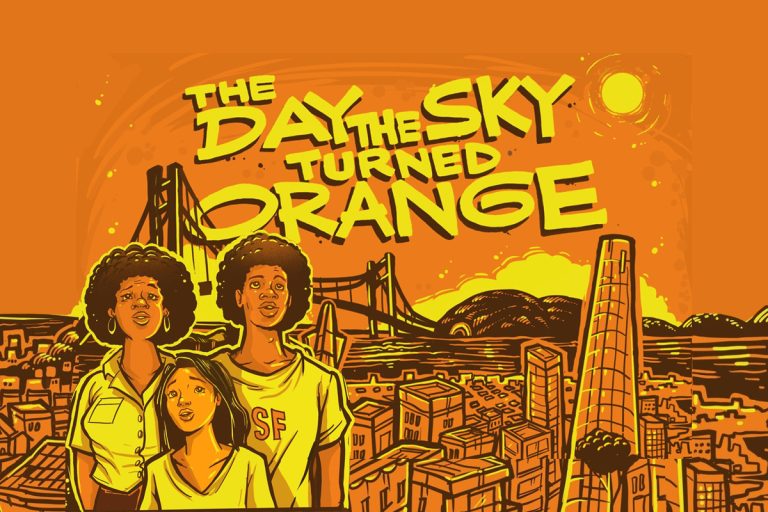Comic book style illustration of family looking at orange sky over San Francisco cityscape with bridge and buildings.
