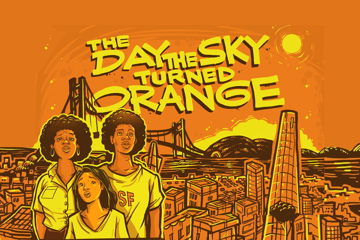 Comic book style illustration of family looking at orange sky over San Francisco cityscape with bridge and buildings.