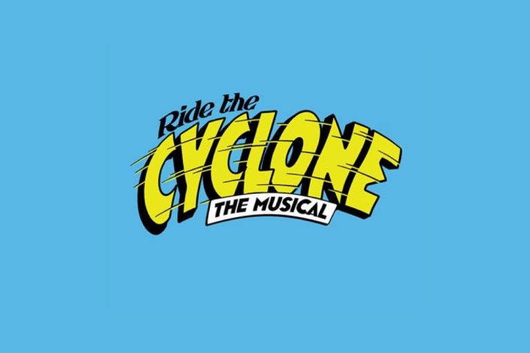 Ride the Cyclone musical logo in yellow text with black outline on blue background
