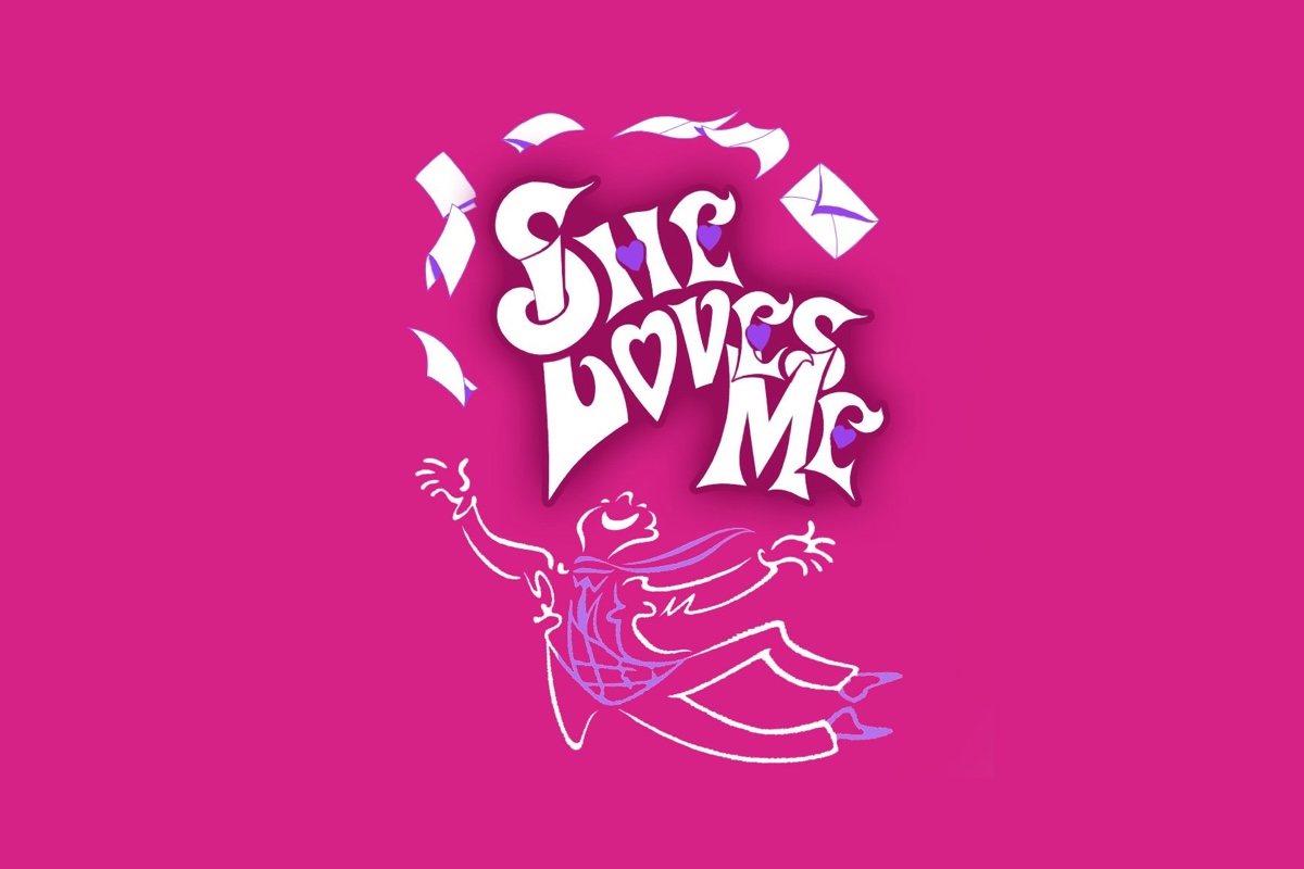 Love Loves Me typography design with illustrated figure surrounded by floating paper elements on bright pink background