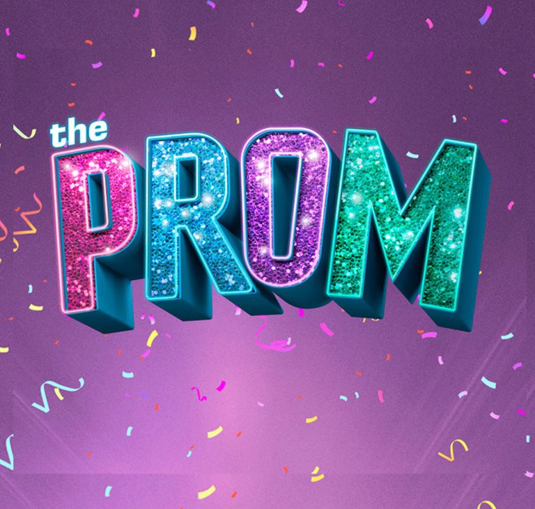 Colorful 3D the PROM text with glitter effects and confetti on purple background - musical theater celebration