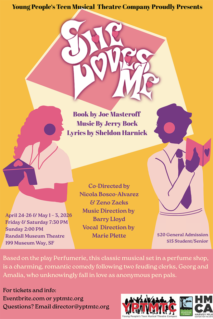 Theatre poster for She Loves Me musical by Young People's Teen Musical Theatre Company, April-May 2026 performances