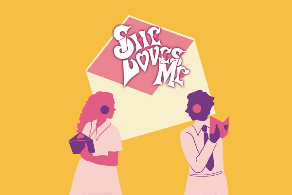 Two women holding vintage cameras with large envelope displaying She Loves Me text on yellow background