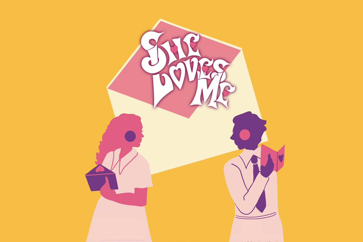 Two women holding vintage cameras with large envelope displaying She Loves Me text on yellow background